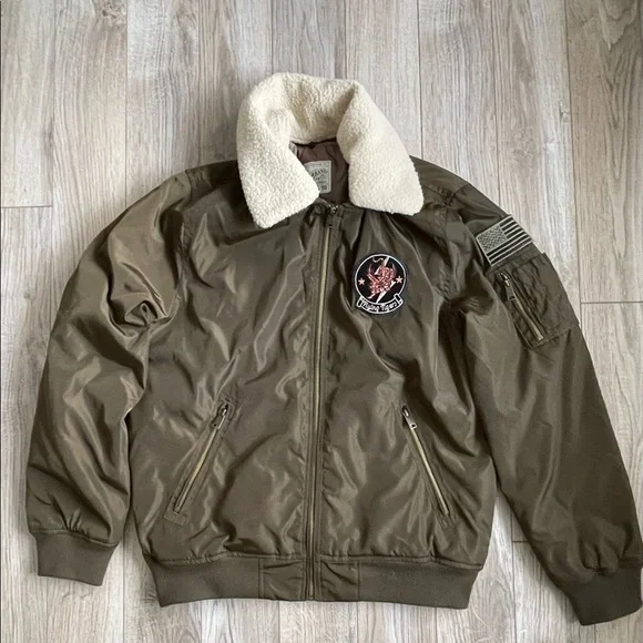 Lucky Brand Mens Military Green Flying Tiger Patchwork Bomber Jacket L